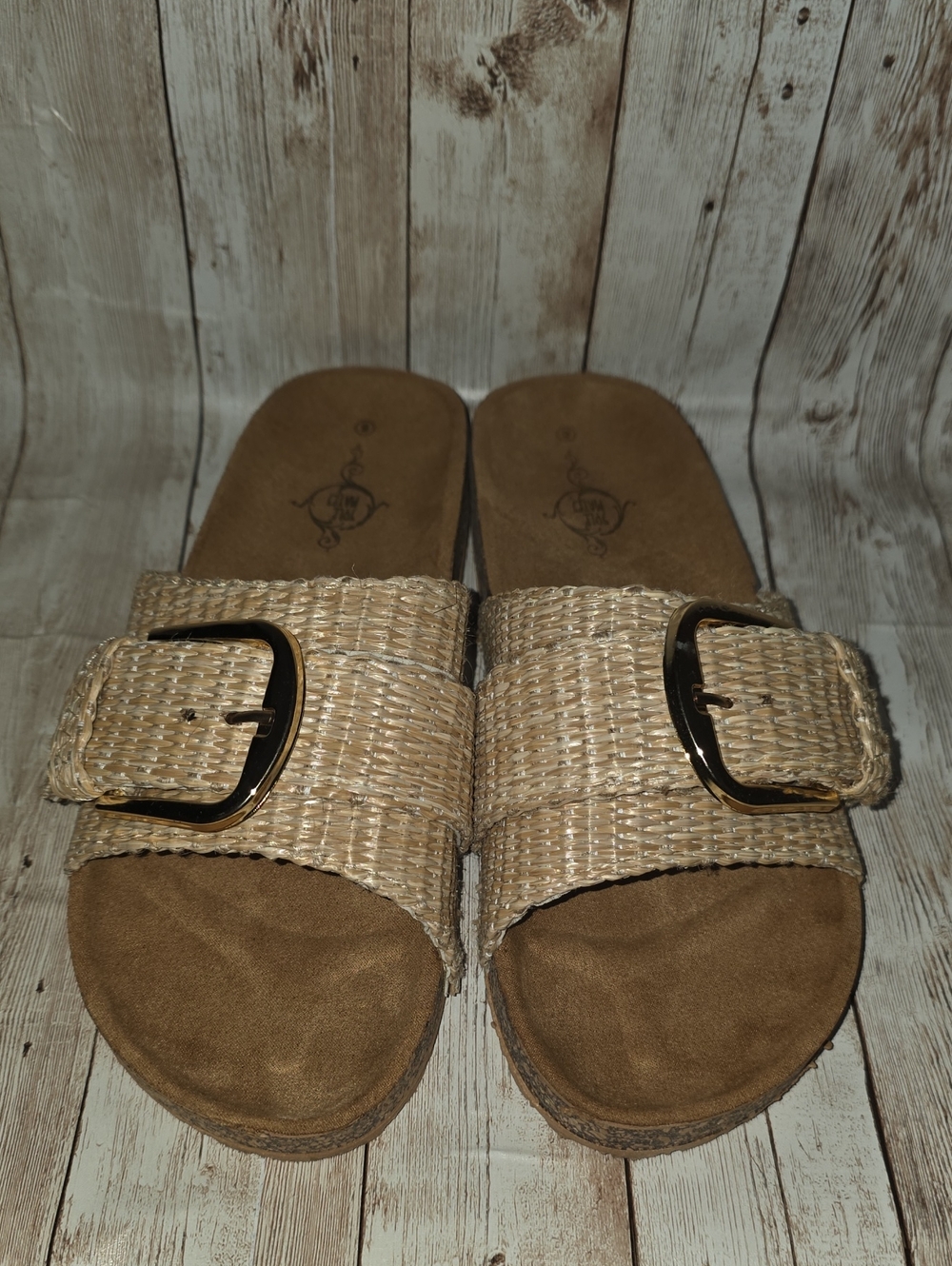 Women's Natural Woven Buckle Slide Sandals